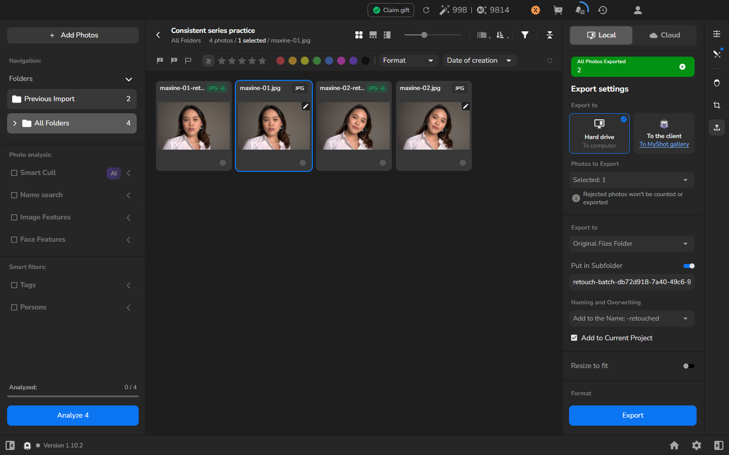 All Folders showing two original Maxine photographs and two JPEG copies with the -retouched suffix, with a green message reporting two exported photographs.