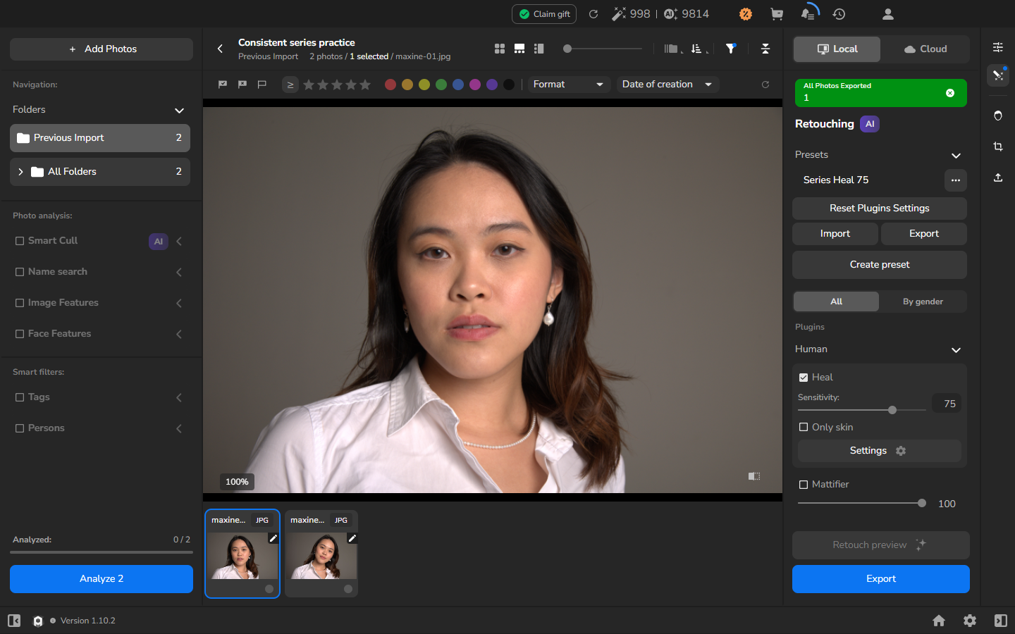 The enlarged retouched result for maxine-01.jpg, with Series Heal 75, Heal, and Sensitivity 75 visible on the right.