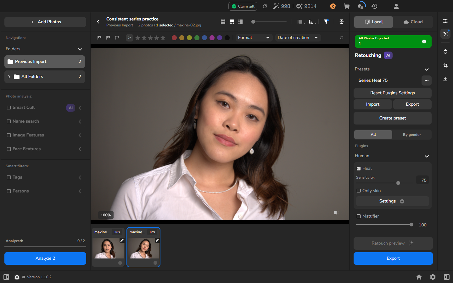 The enlarged retouched result for maxine-02.jpg in a different pose, with Series Heal 75, Heal, and Sensitivity 75 visible on the right.