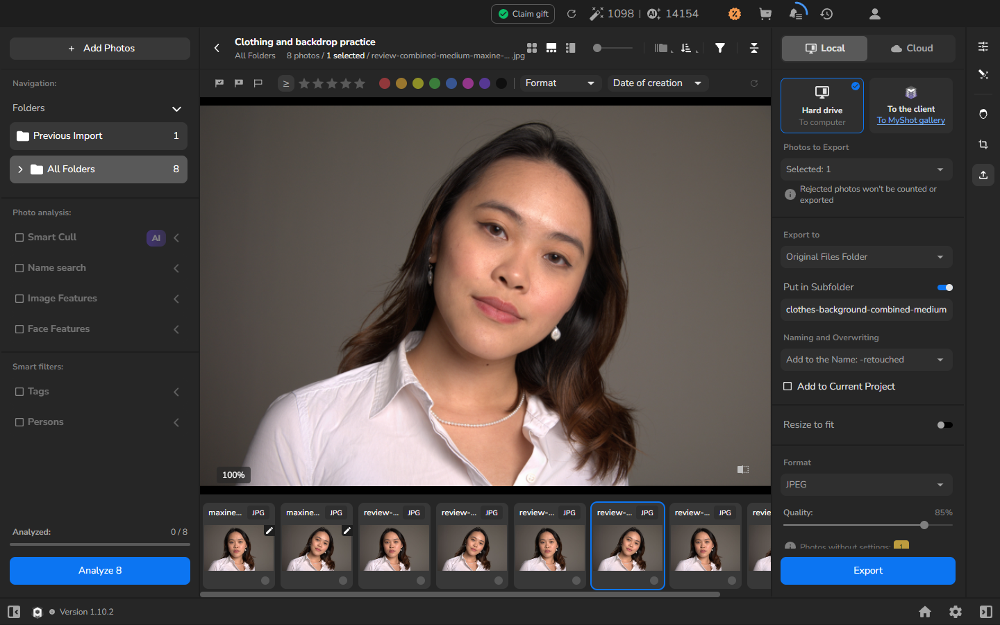 The combined Fabric and Clean Backdrop medium-portrait JPEG at 100%, with reduced small shirt wrinkles and the background mark removed.