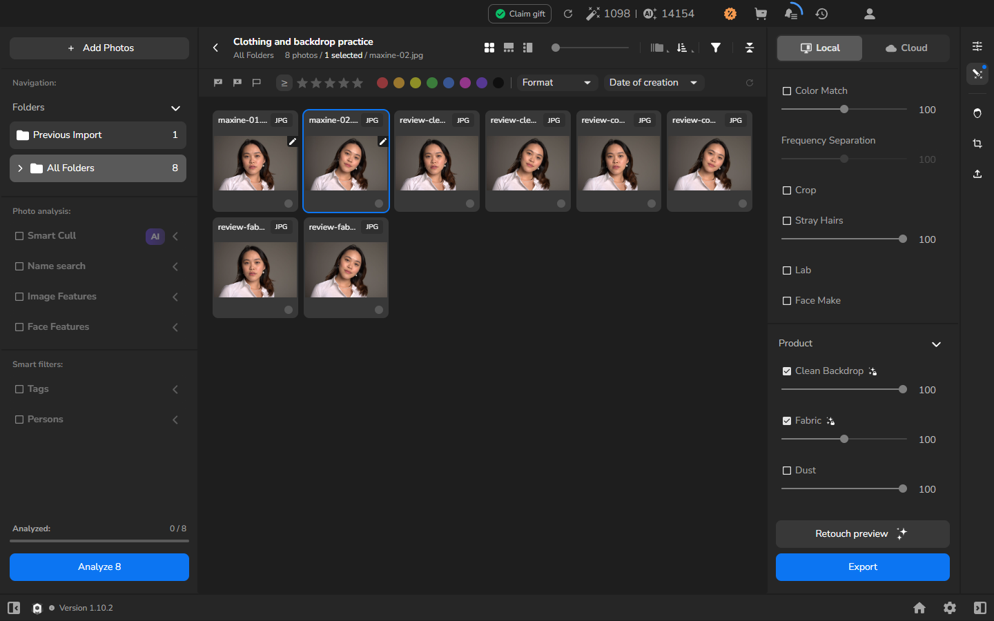 All Folders showing the two source portraits and six imported review JPEGs after the isolated and combined exports.