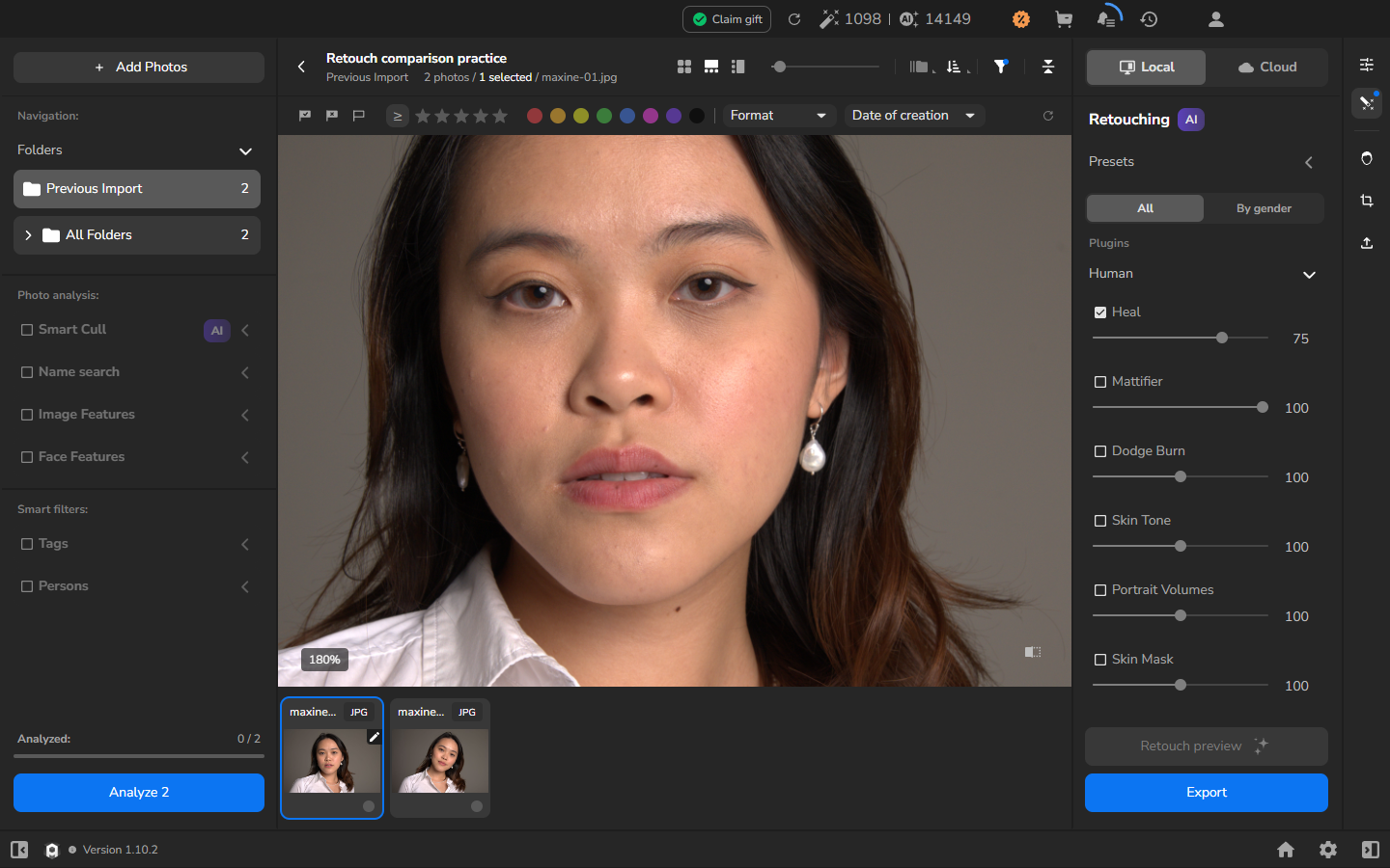 The original maxine-01.jpg shown by holding the comparison button over the same face area at 180%.