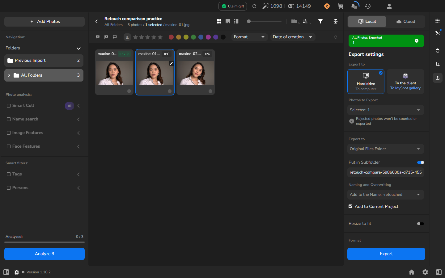 All Folders with the source maxine-01.jpg and maxine-02.jpg plus the new maxine-01-retouched.jpg copy after export.