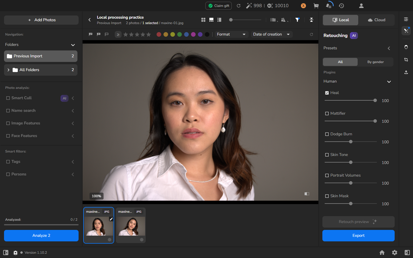 Original portrait displayed while holding the before/after control; Heal remains selected.