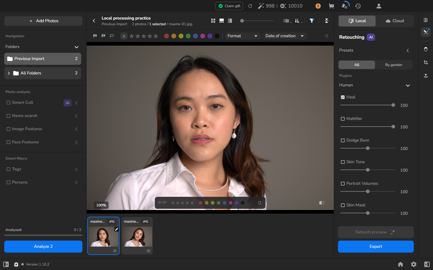 Completed Heal preview with visible skin changes; Local and Heal remain selected and Retouch preview is disabled.