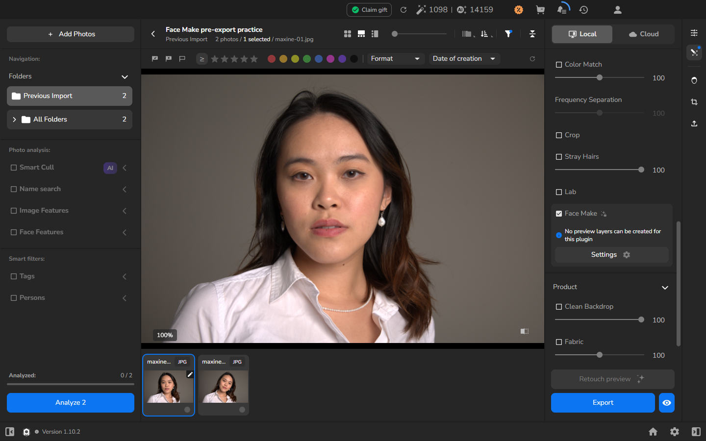 Face Make enabled in Local retouching with its Settings button and gear icon visible.