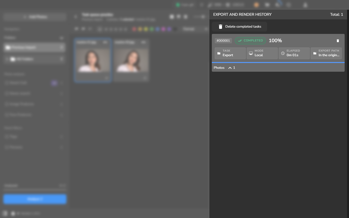 Export and Render History showing one completed Local Export task at 100% for one photo.