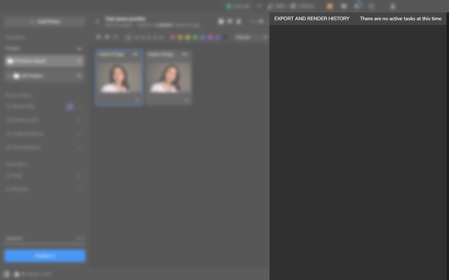 Export and Render History showing Total: 0 and There are no active tasks at this time.