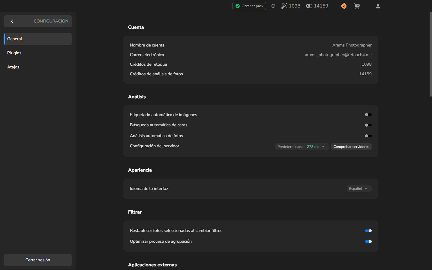 Configuración general de Arams en español
