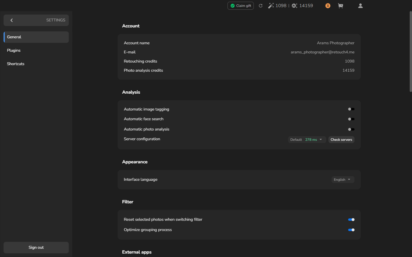 Arams General settings with account, analysis, and interface language options
