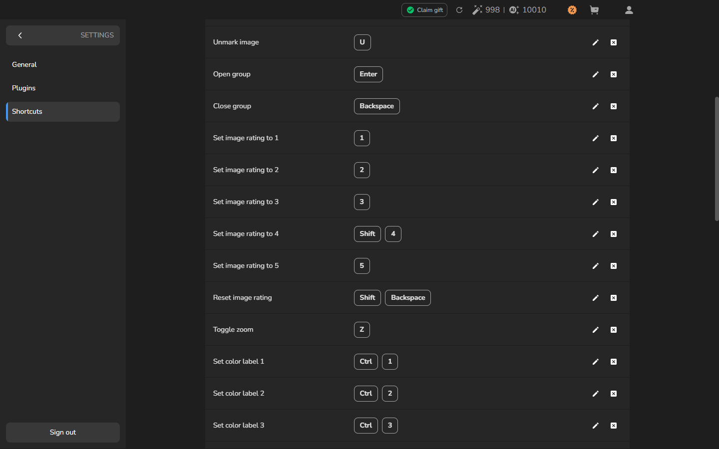 The Set image rating to 4 row in Shortcuts shows Shift and 4.