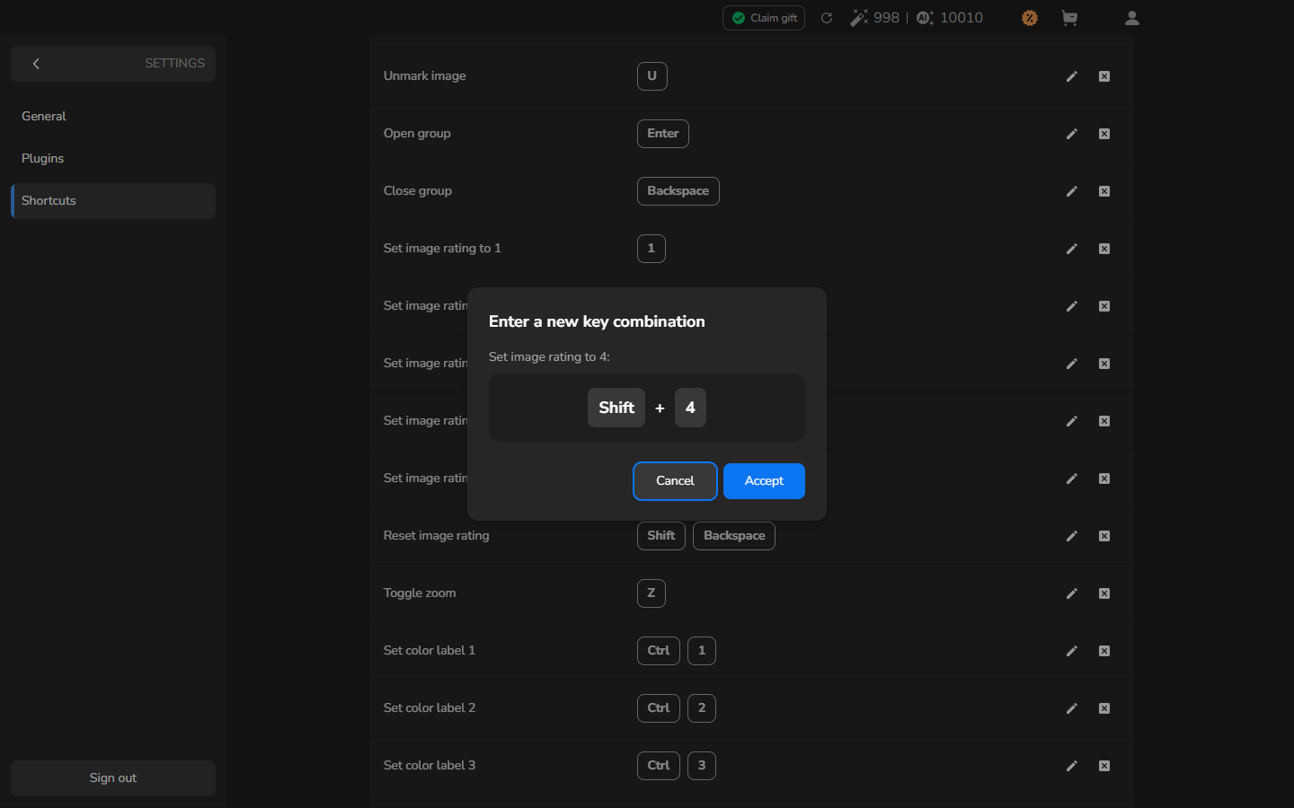 The Enter a new key combination dialog for Set image rating to 4 shows Shift + 4.