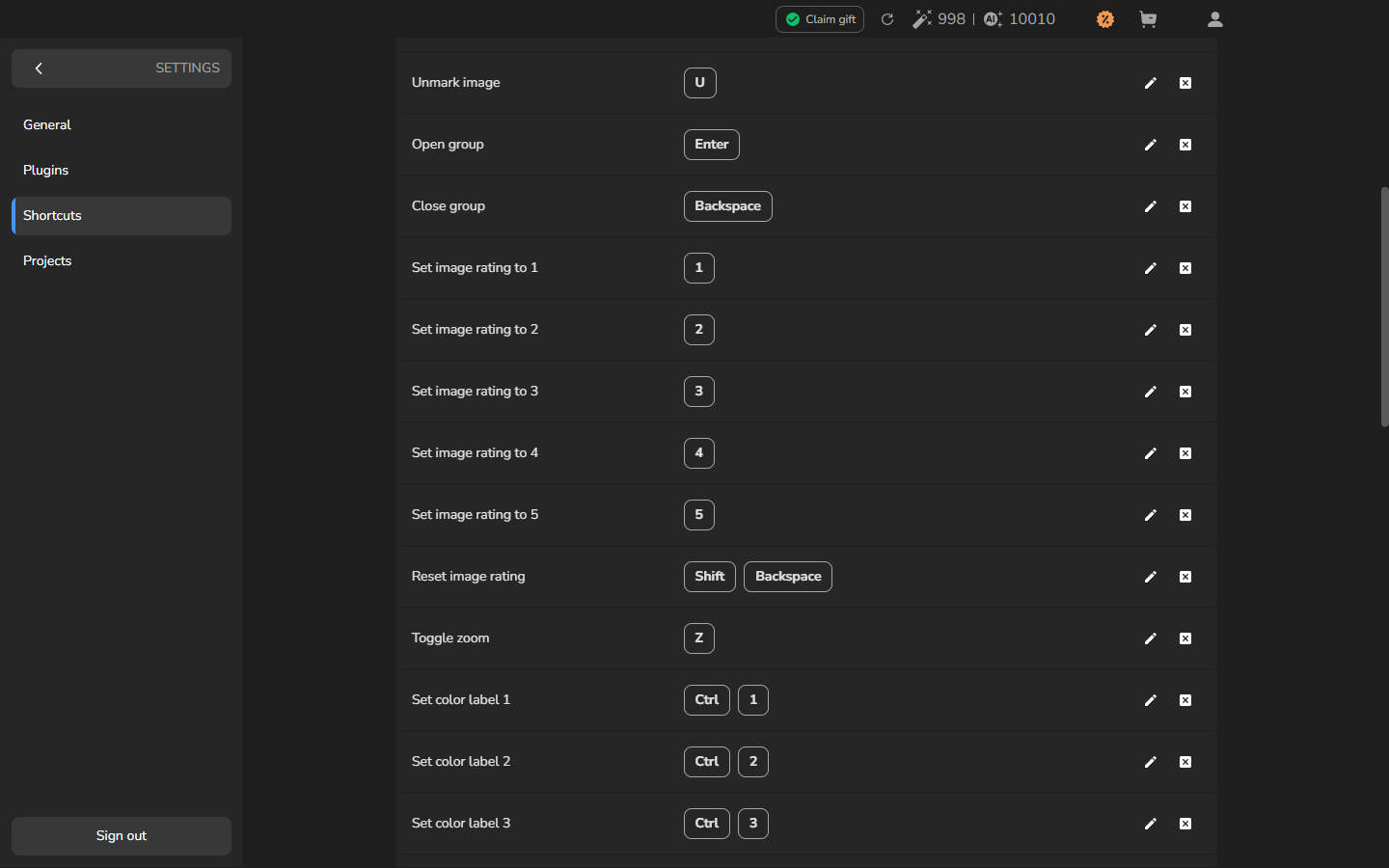 The Set image rating to 4 row in Shortcuts shows the restored key 4.