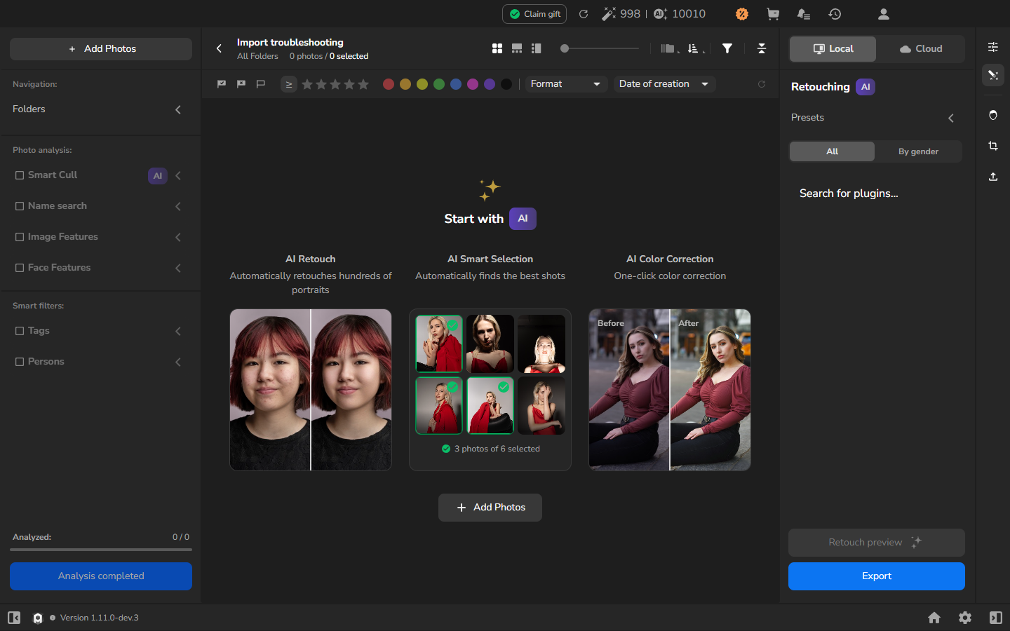 Empty Import troubleshooting project with 0 photos and the Start with AI panel.