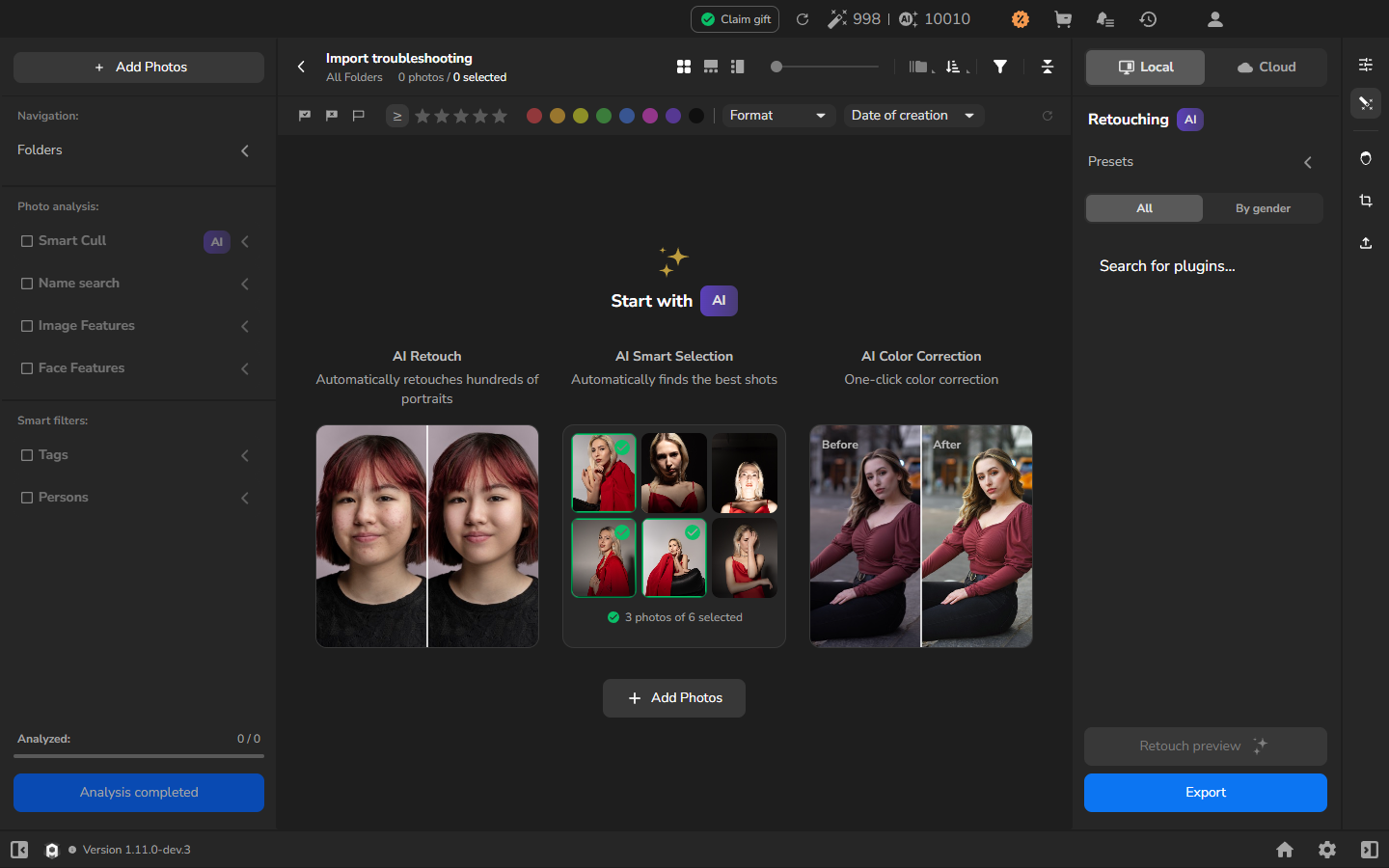 Project still showing 0 photos and the start panel after a text-file drop.