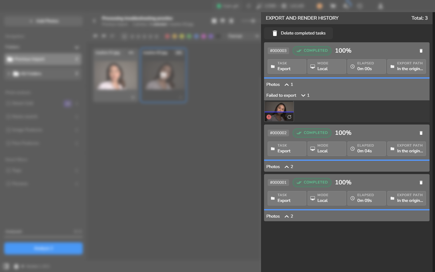 A Completed 100% Export task with Failed to export expanded to show one thumbnail, a red error indicator, and a restart button.