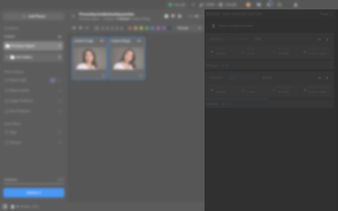 Export and Render History with an upper Local Export task Queued at 0% while the lower task is In progress at 49%.