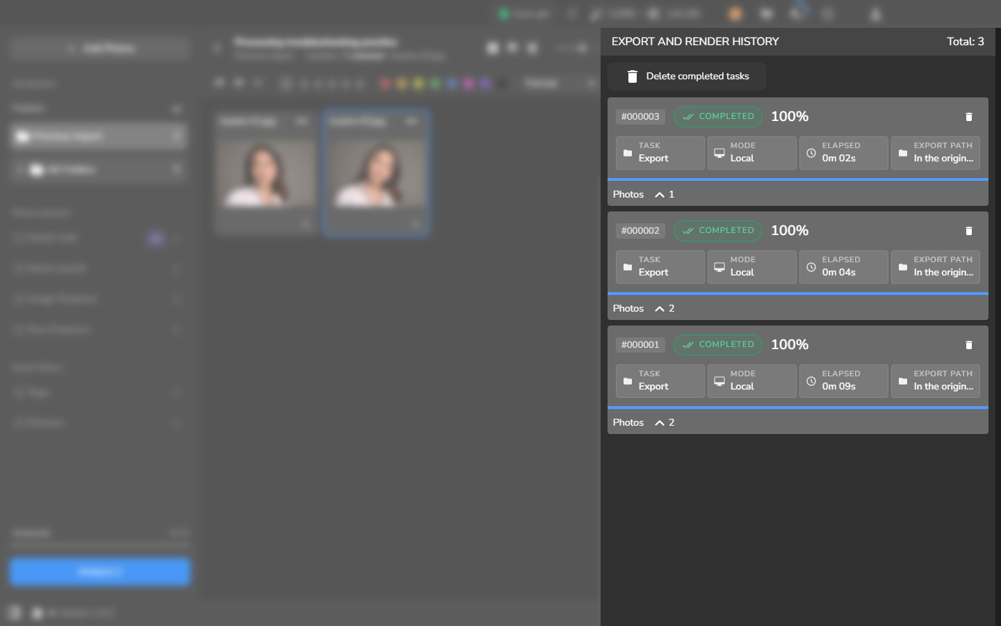 Export and Render History after recovery, with all three Local Export tasks marked Completed at 100% and no Failed to export section.
