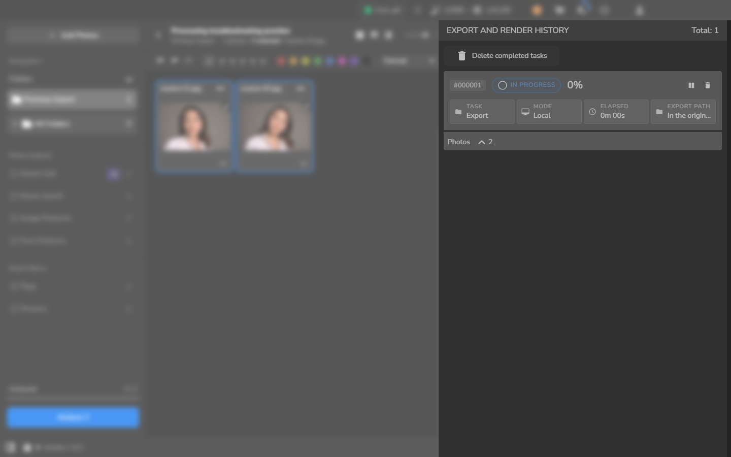 Export and Render History with one Local Export task marked In progress at 0%.